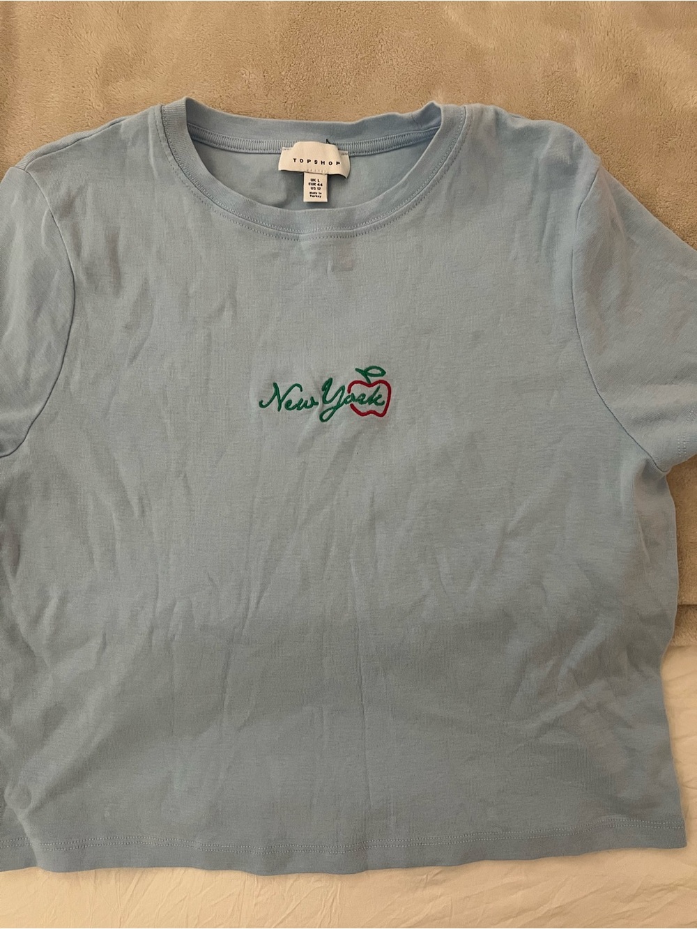 Topshop Light Blue Tee with Green "New York" Script and Red Apple
